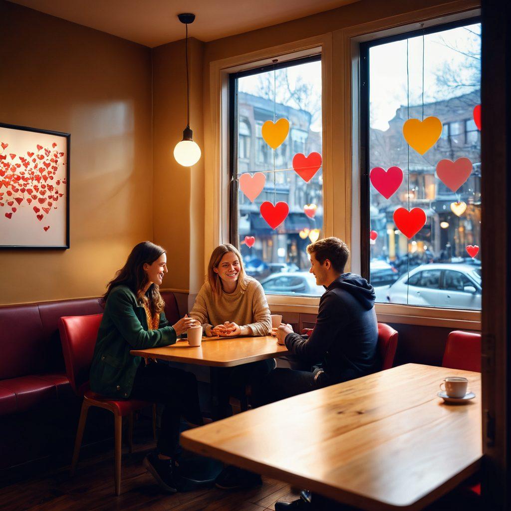 A warm, cozy scene featuring two people sitting at a café, engrossed in deep conversation, surrounded by digital elements like hearts and social media icons floating around them. Soft, natural light filters through a window, illuminating their smiles and gestures, reflecting deep connections in the digital age. Enveloping them are hints of technology blending with the warmth of human interaction. super-realistic. vibrant colors. soft light.