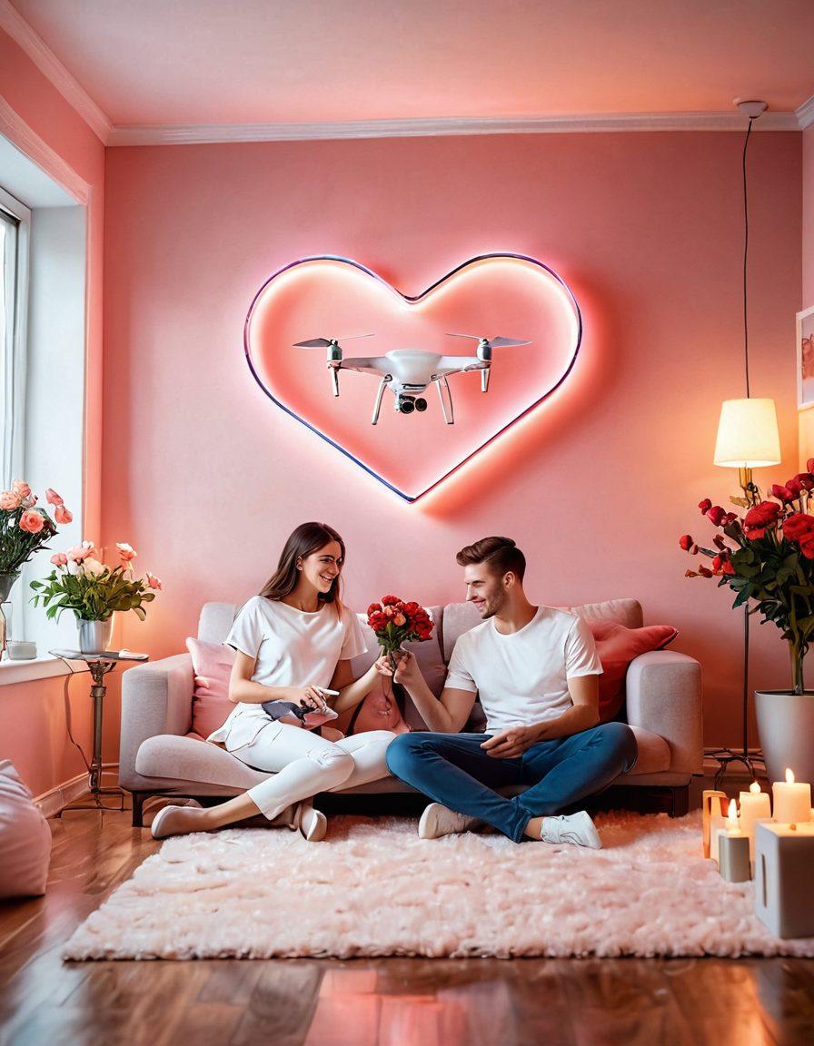 A romantic couple surrounded by innovative gadgets symbolizing love, such as a heart-shaped drone delivering flowers, a holographic love letter, and a digital photo frame showing memories. The background should be a cozy modern living room with soft lighting and warm colors, emphasizing intimacy. Bright and uplifting atmosphere. super-realistic. vibrant colors. cozy setting.