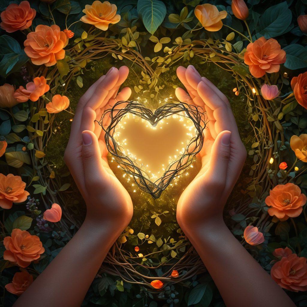 A warm and inviting digital space with two hands gently holding a glowing heart, symbolizing deep love and online intimacy. Surround the hands with soft, intertwining vines representing connection and growth, while a digital interface softly glows in the background, showcasing social media icons delicately wrapped in floral patterns. Create a serene atmosphere that conveys warmth and tenderness. super-realistic. vibrant colors. soft focus.